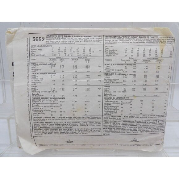 McCall's 5652 Children's Size 2 Rabbit Costume Pattern ©1991 NOS - Picture 2 of 2